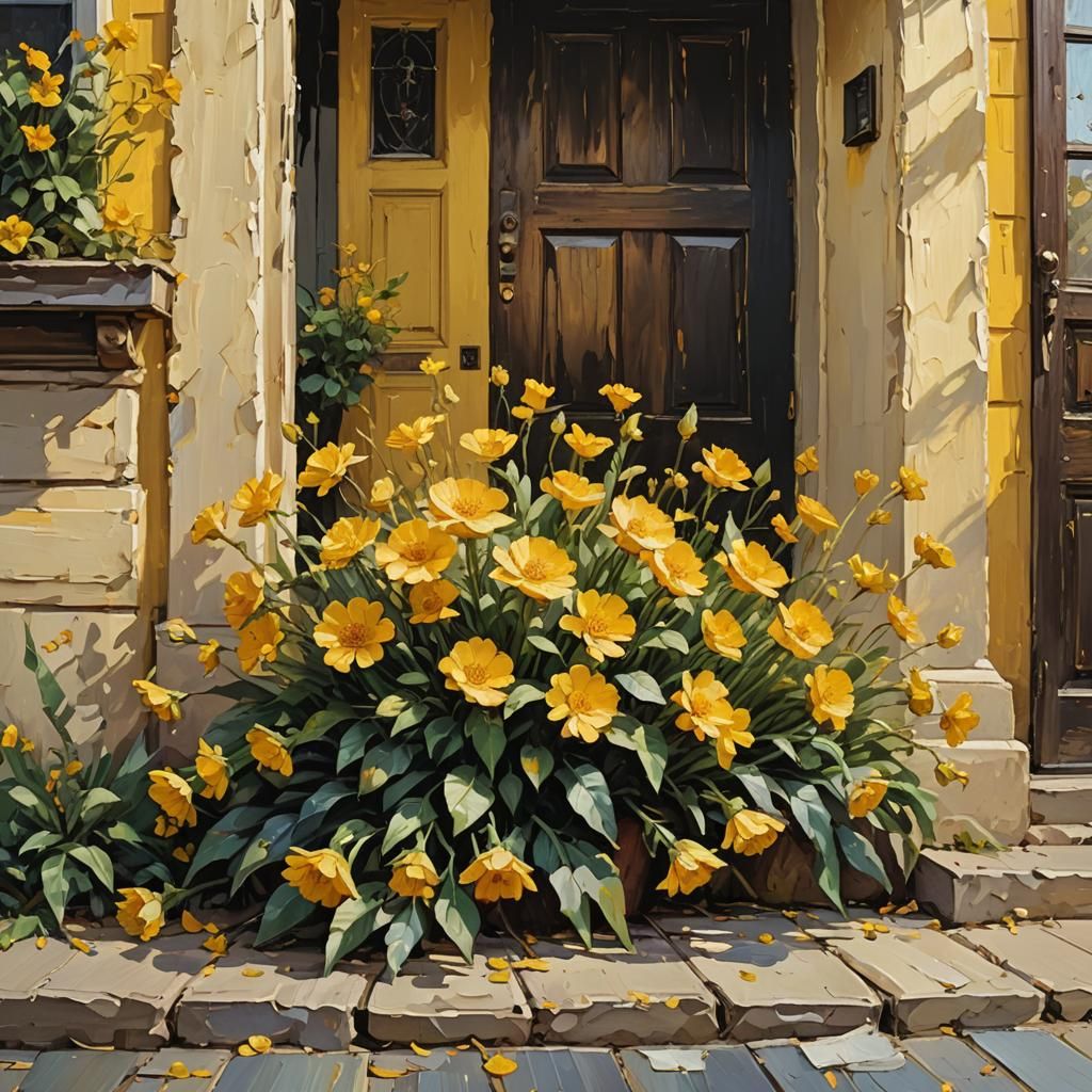 Yellow Flowers at Entrance in Neo-Impressionism Style