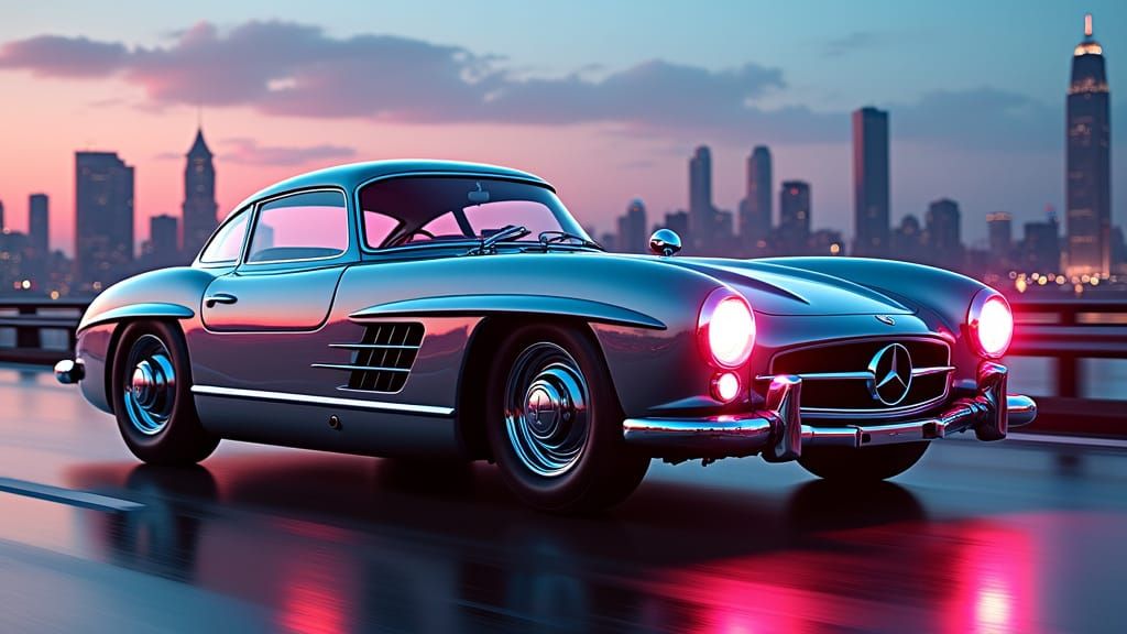Cyberpunk Mercedes-Benz 300SL on City Roadway
