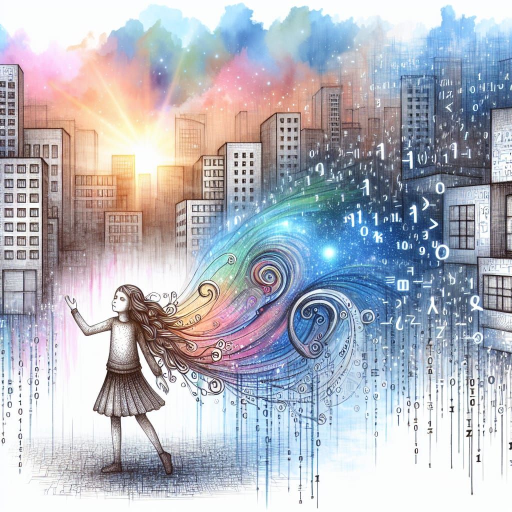 Magical Urban Landscape with Coded Girl in Digital Art Style