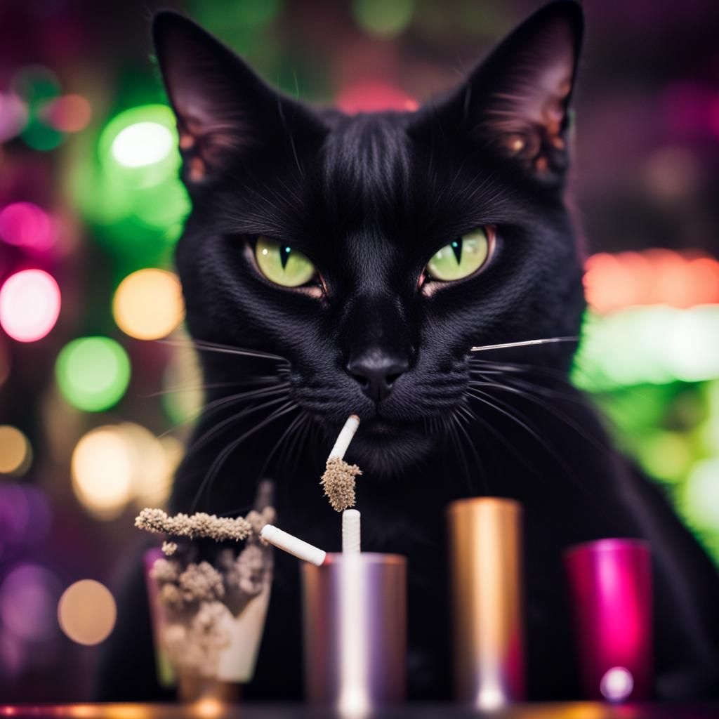Black Cat Smokes Catnip at Nightclub