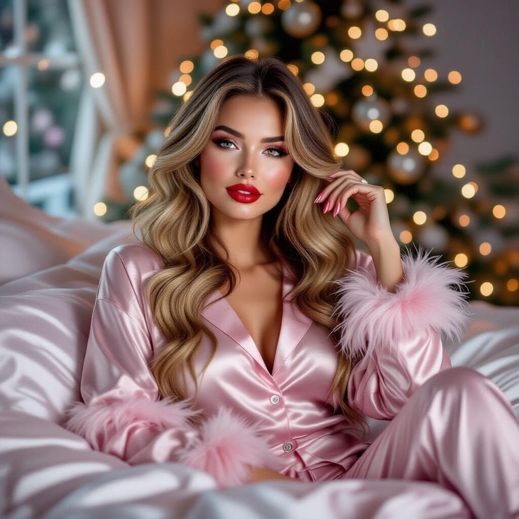 Gorgeous woman lounging on a  satin bed, wearing  pink pajam...