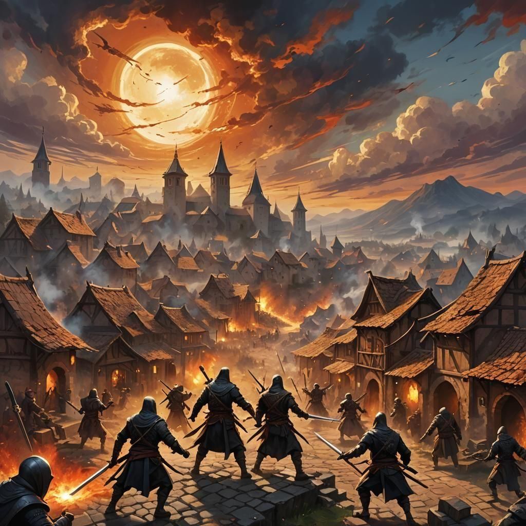 Medieval Assassins Battle Under Eclipse in Fantasy Village