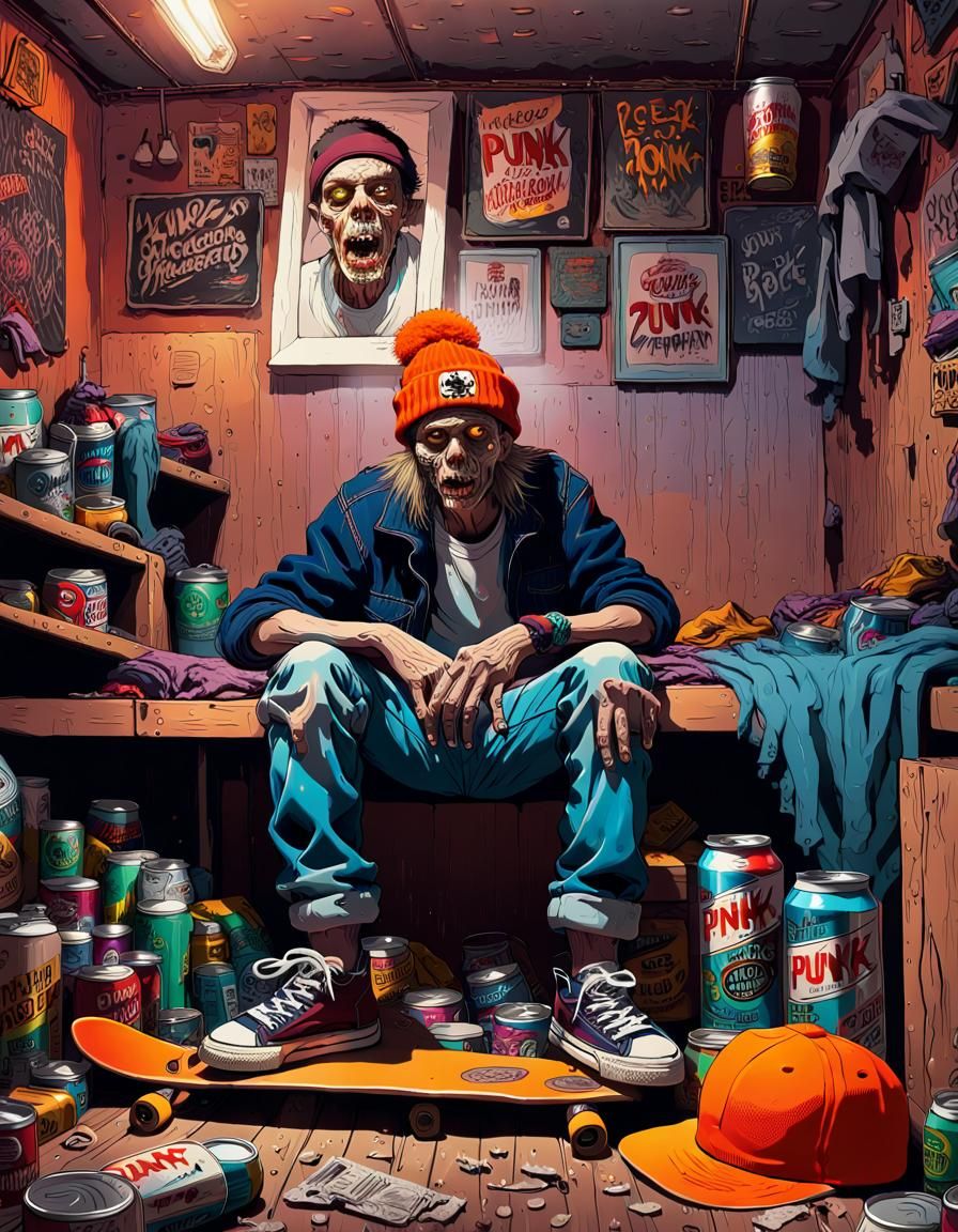 80s Punk Zombie in Messy Basement, Hyperrealistic Digital Ar...