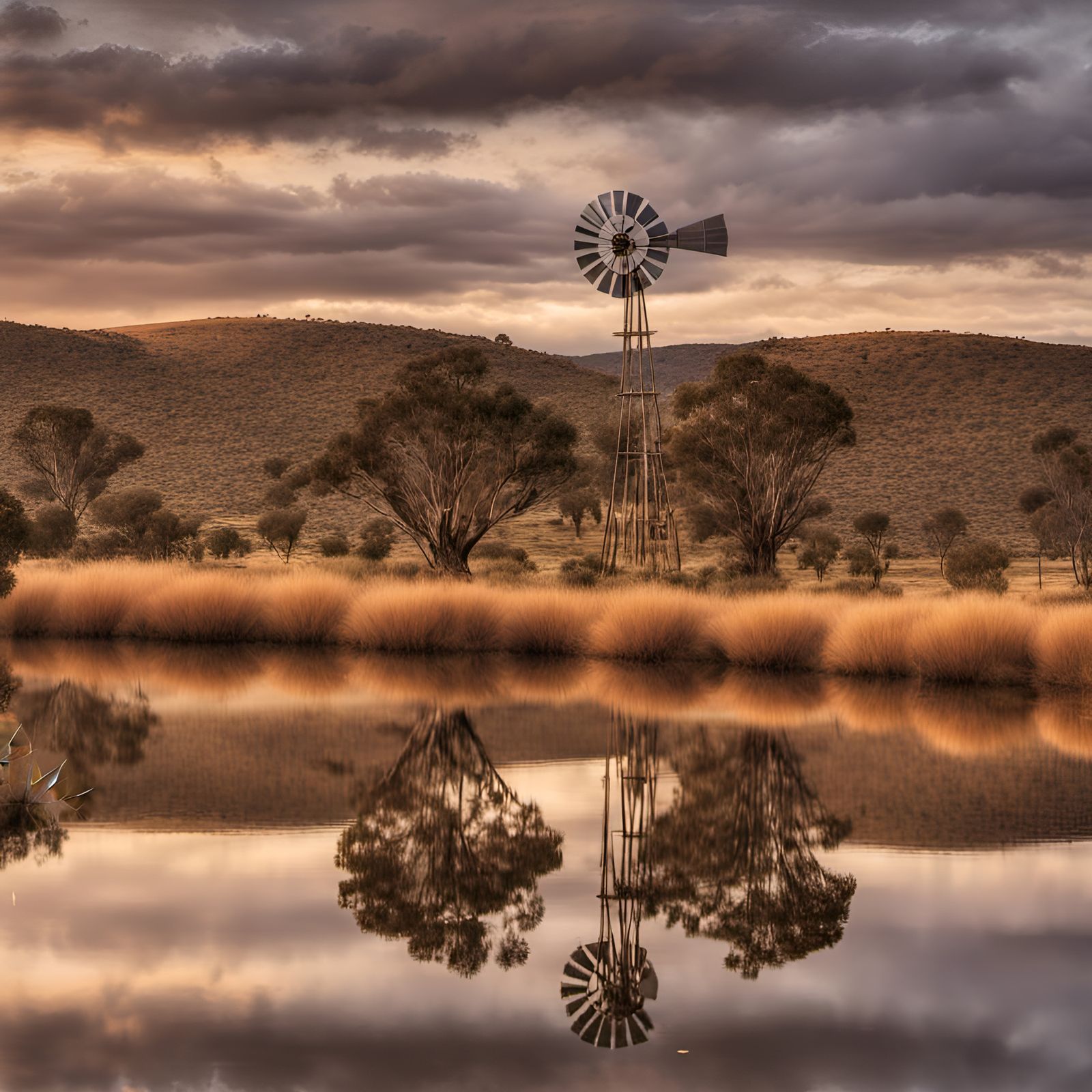 Outback Windmill and Gumtree at Golden Hour