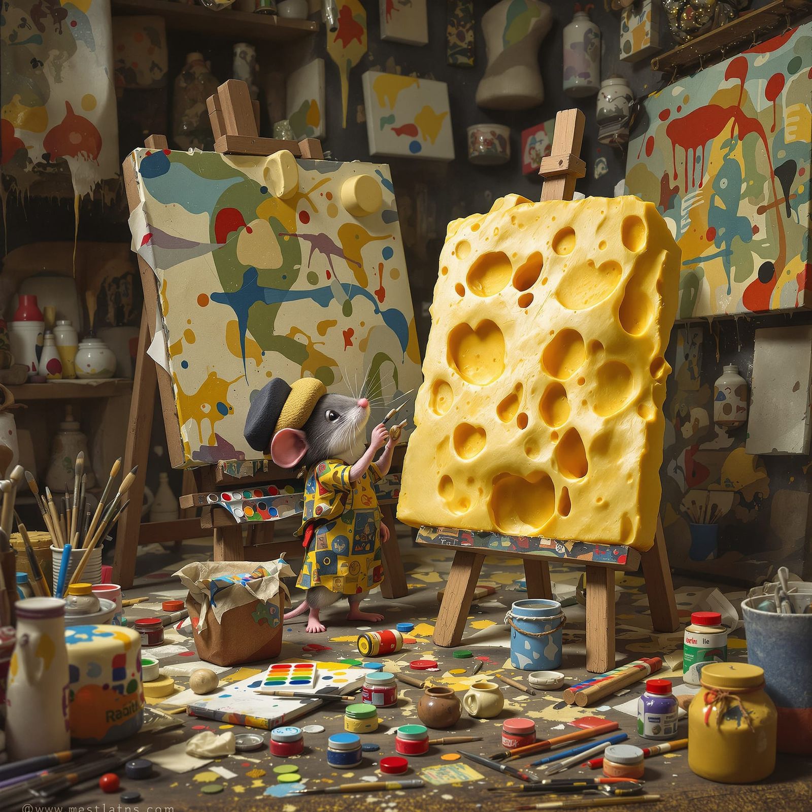 Mouse Artist Paints Giant Cheese Sculpture in Chaotic Studio