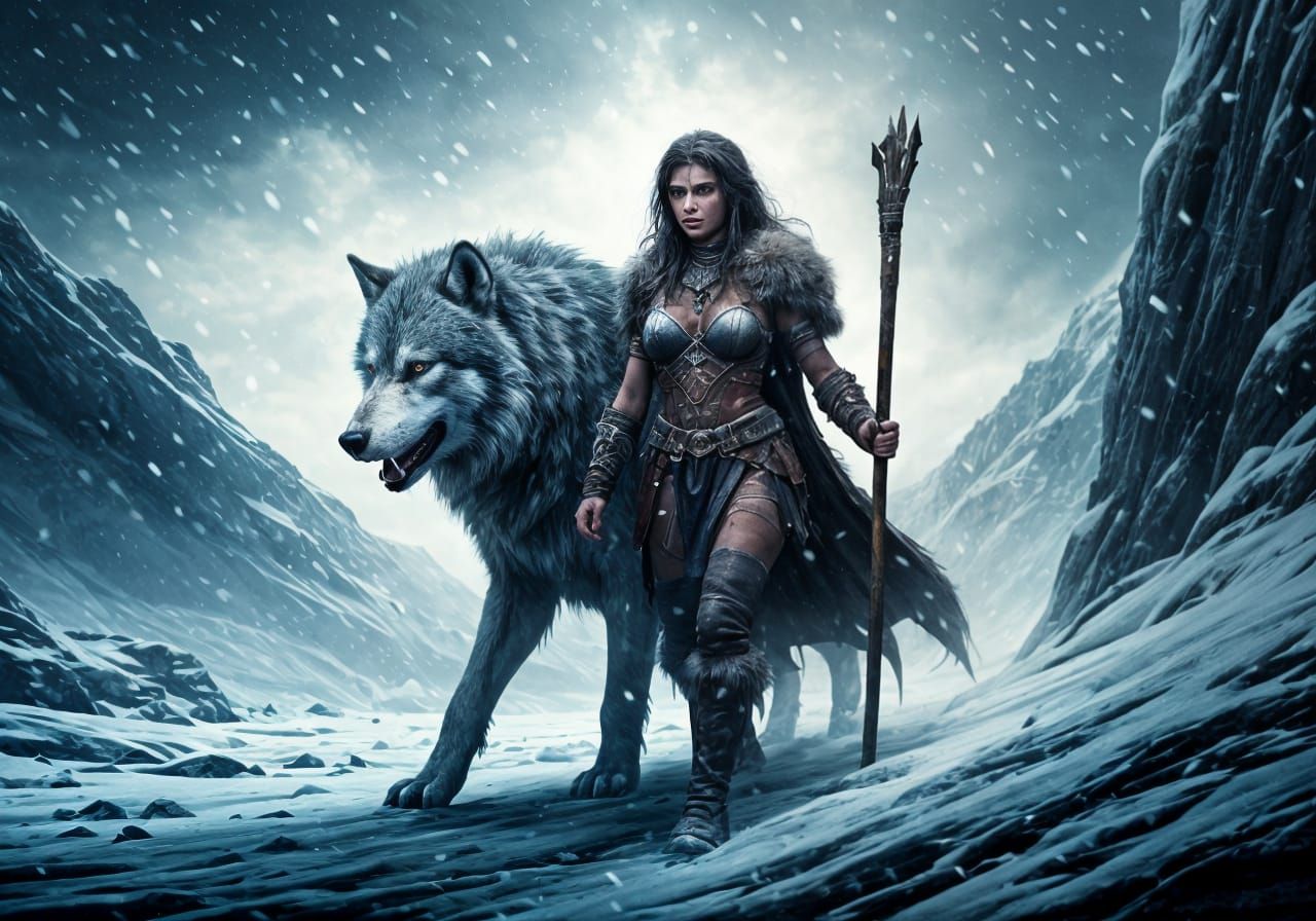 Barbarian Woman and Dire Wolf in Frozen Wasteland