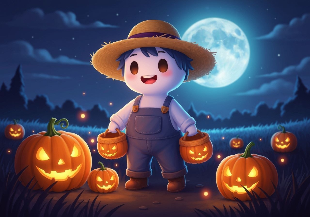 Chibi Ghost Farmer Harvests Glowing Pumpkins