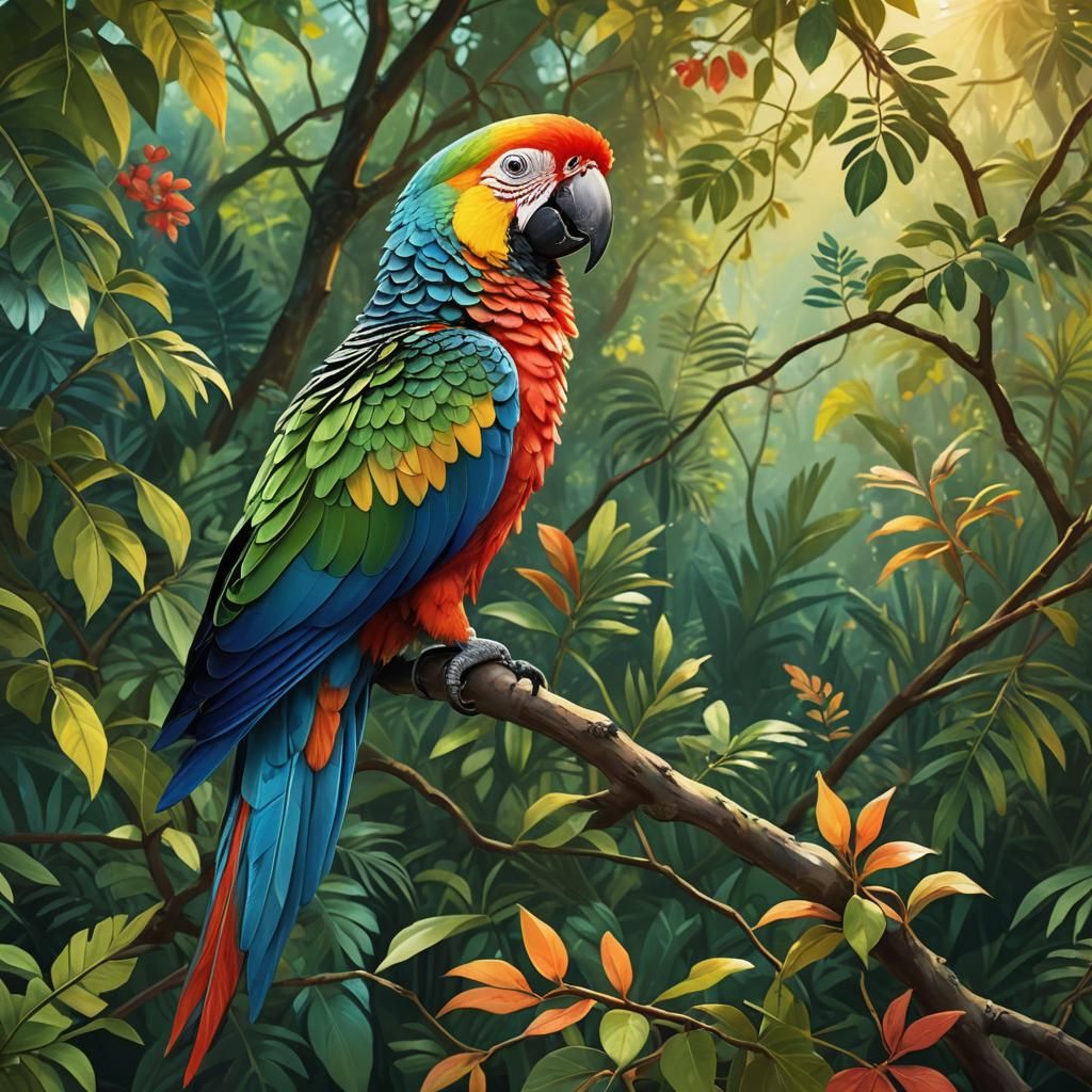 Colorful Parrot in Lush Forest: Whimsical Digital Art