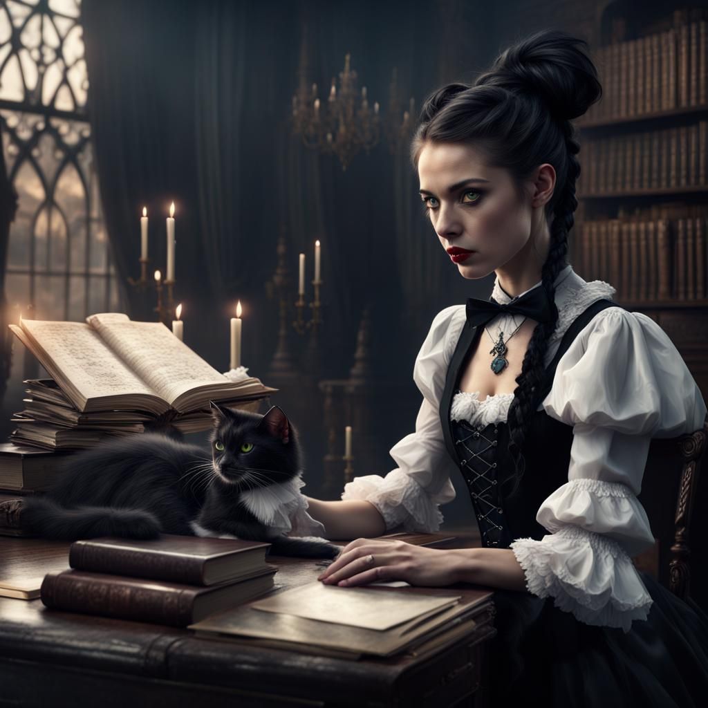 Gothic Writer with Cat in Dark Castle