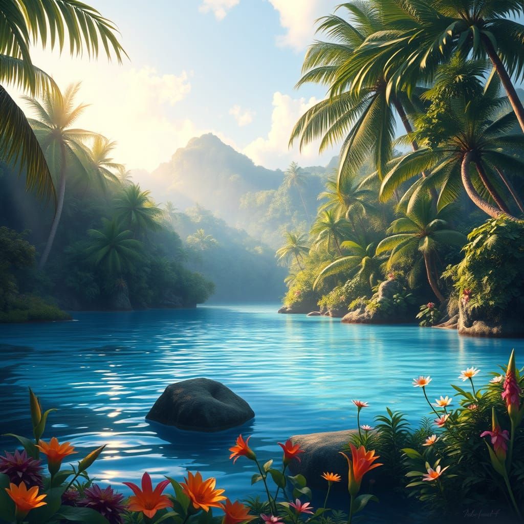 Serene Blue Lagoon in Tropical Jungle, Dreamy Painting