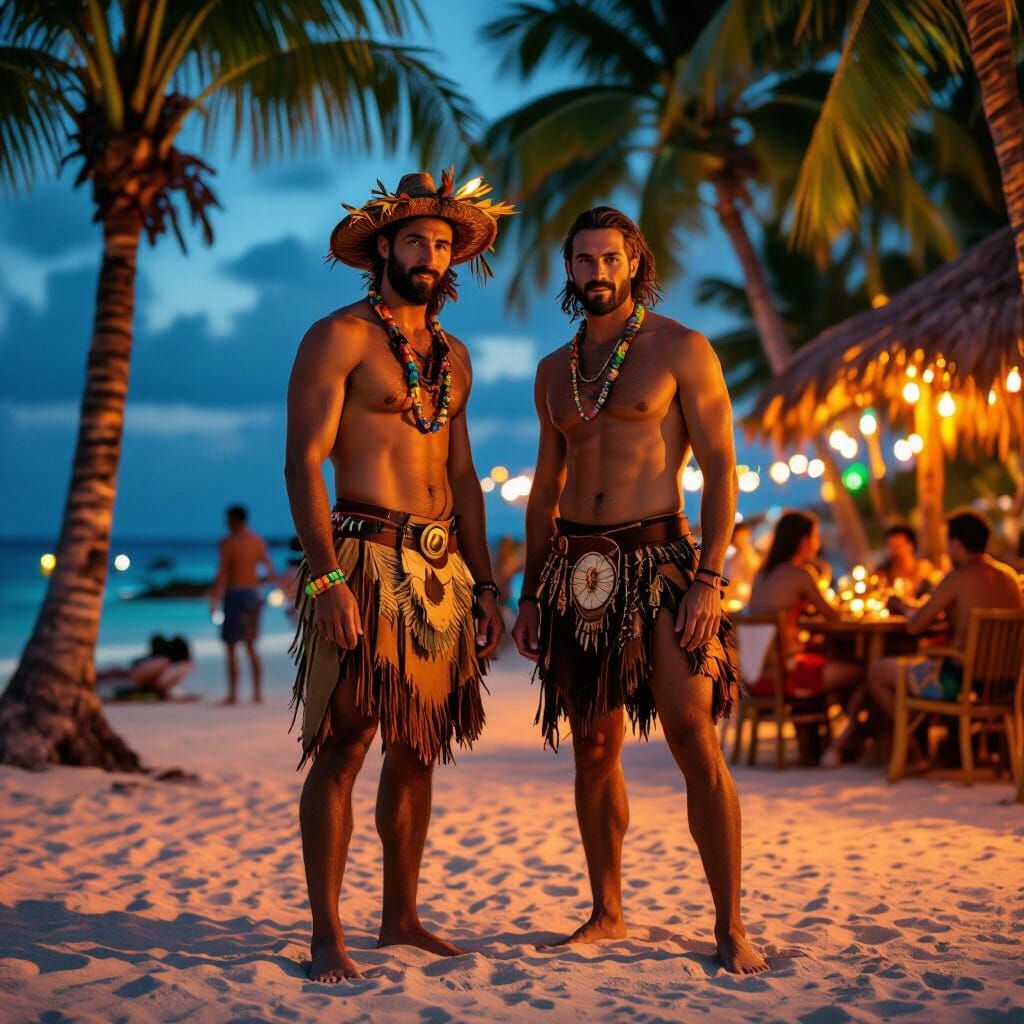 Men in Leather at Beach Party in Photorealistic Style