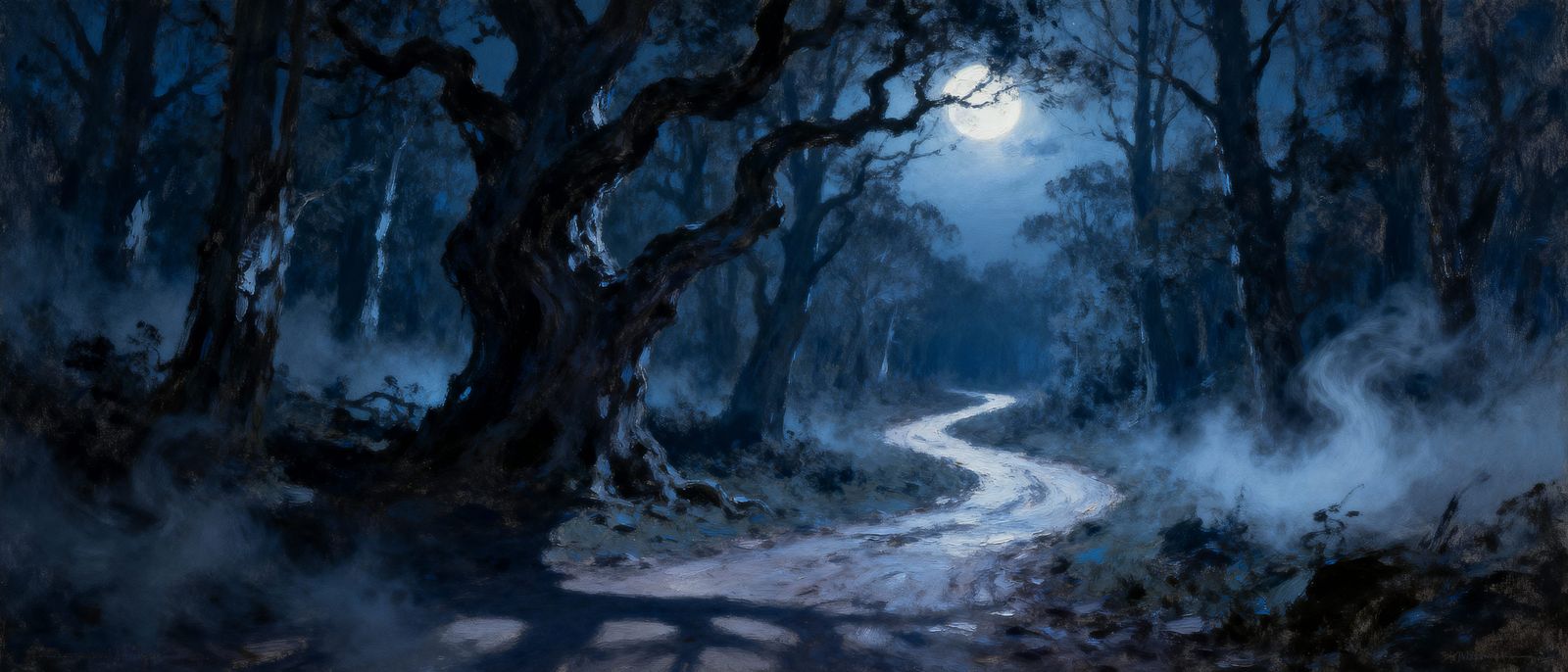 Eerie Forest Path Lit by Moonlight in Epic Oil Painting Styl...