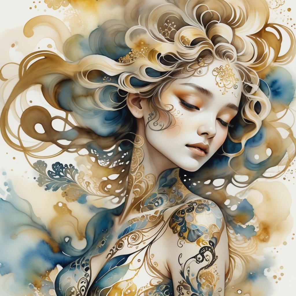 Fractal Dream: Watercolor Portrait with Golden Accents