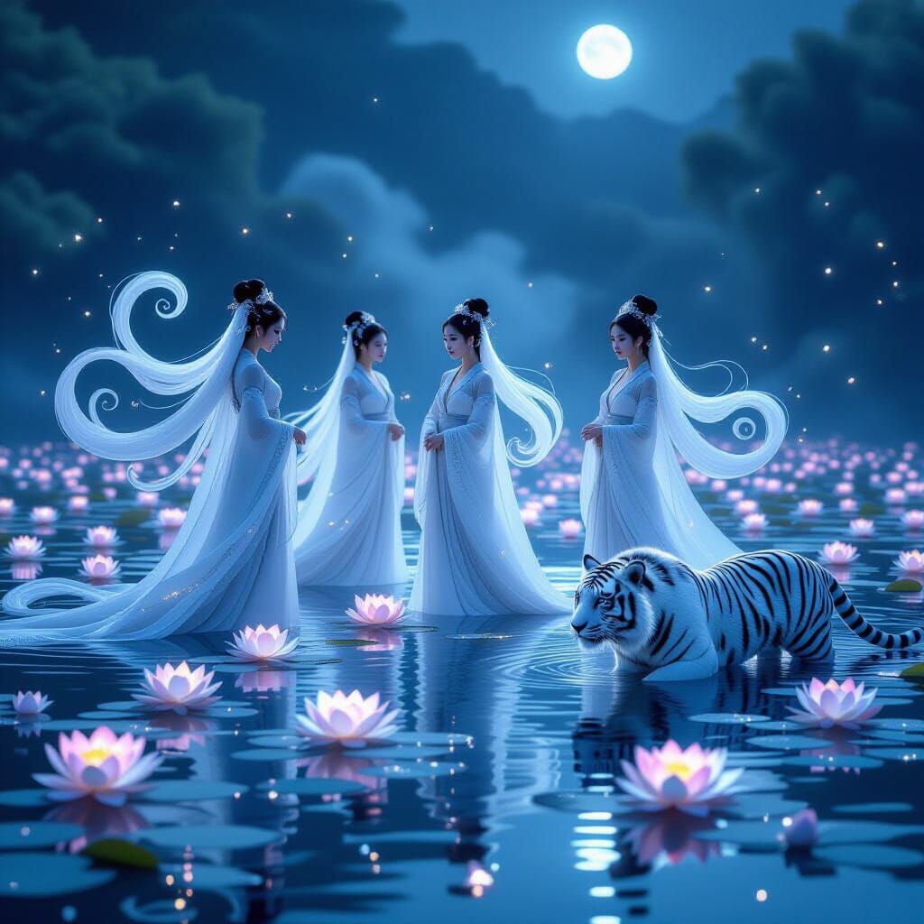 Ethereal Lotus Pond: Maidens and Tiger in Twilight