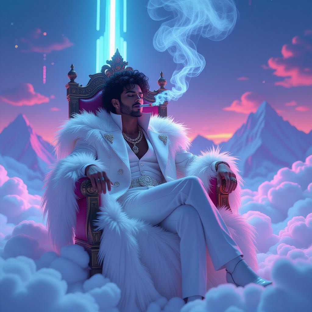 Cyberpunk Prince on Cloud Throne with Cigarette Smoke
