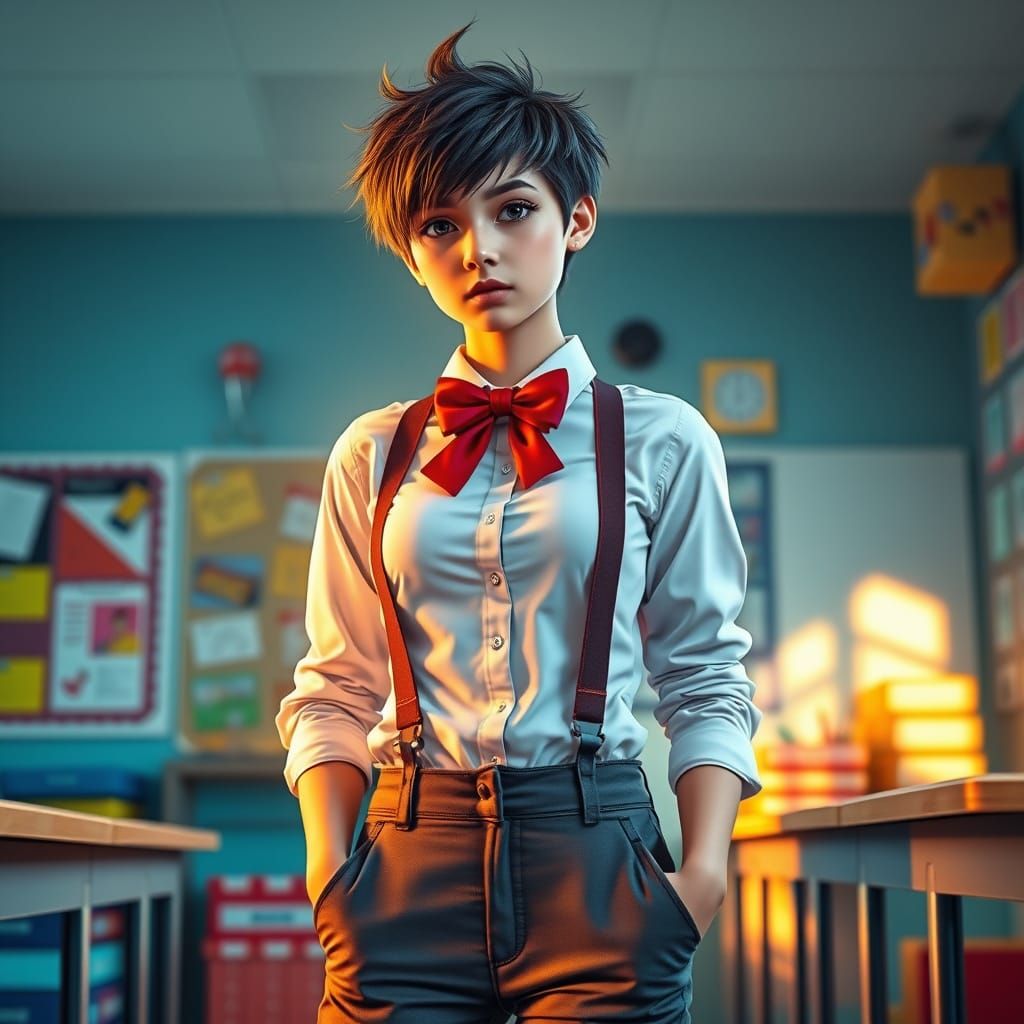 Confident Youthful Masculine Woman Crossdressing in a Classr...