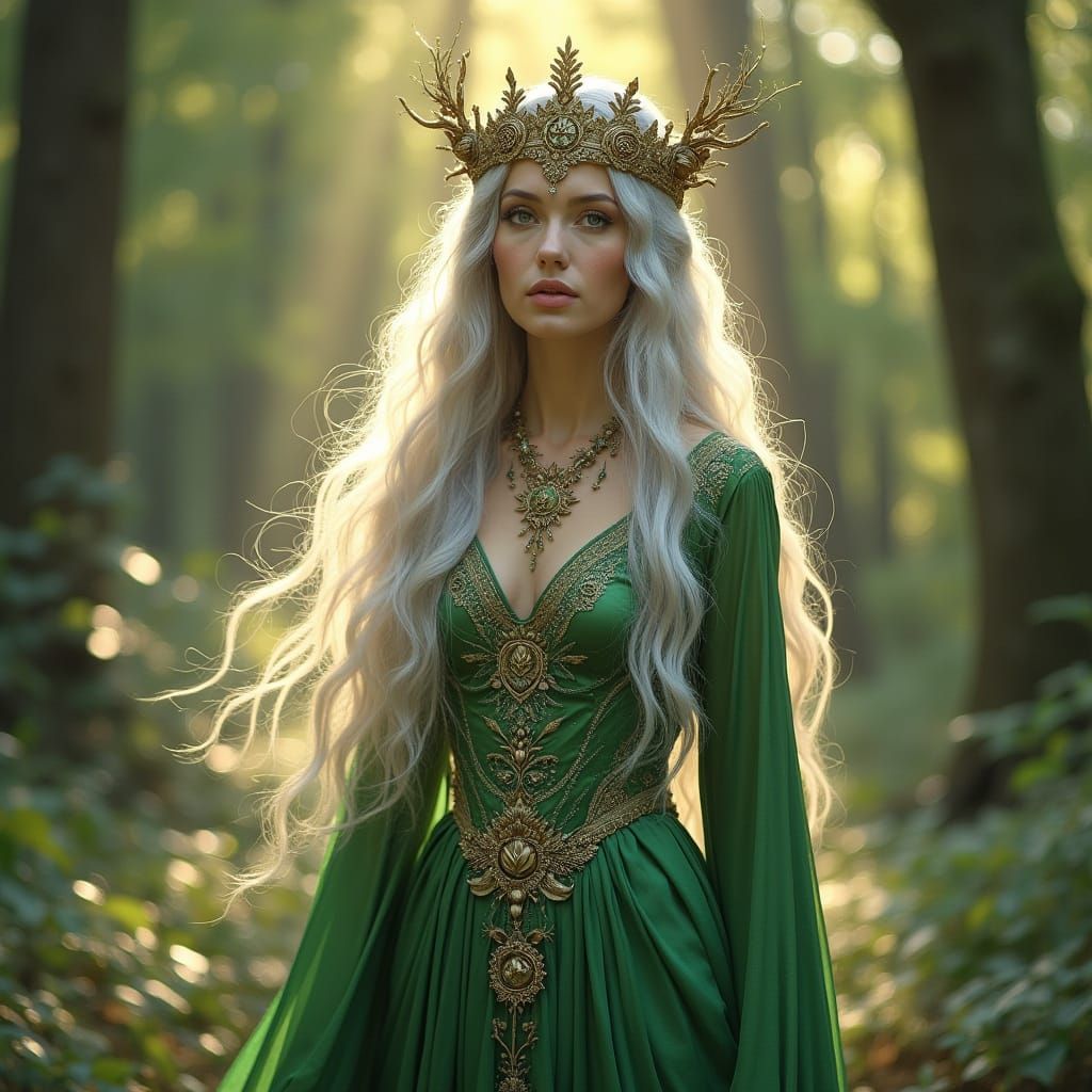 Elven Queen in Sun-Dappled Forest: An Art Nouveau Vision