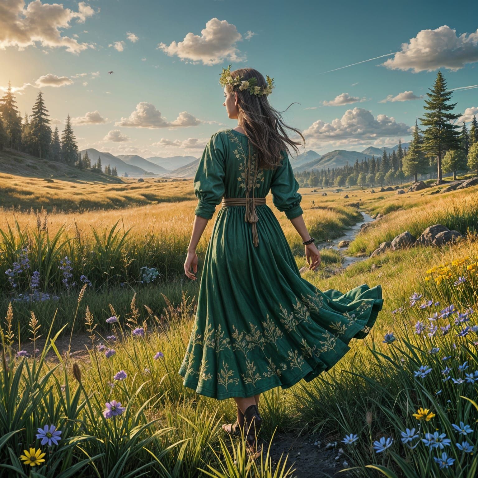 Girl in a Vibrant Mead Landscape, in a Fantasy Painting Styl...