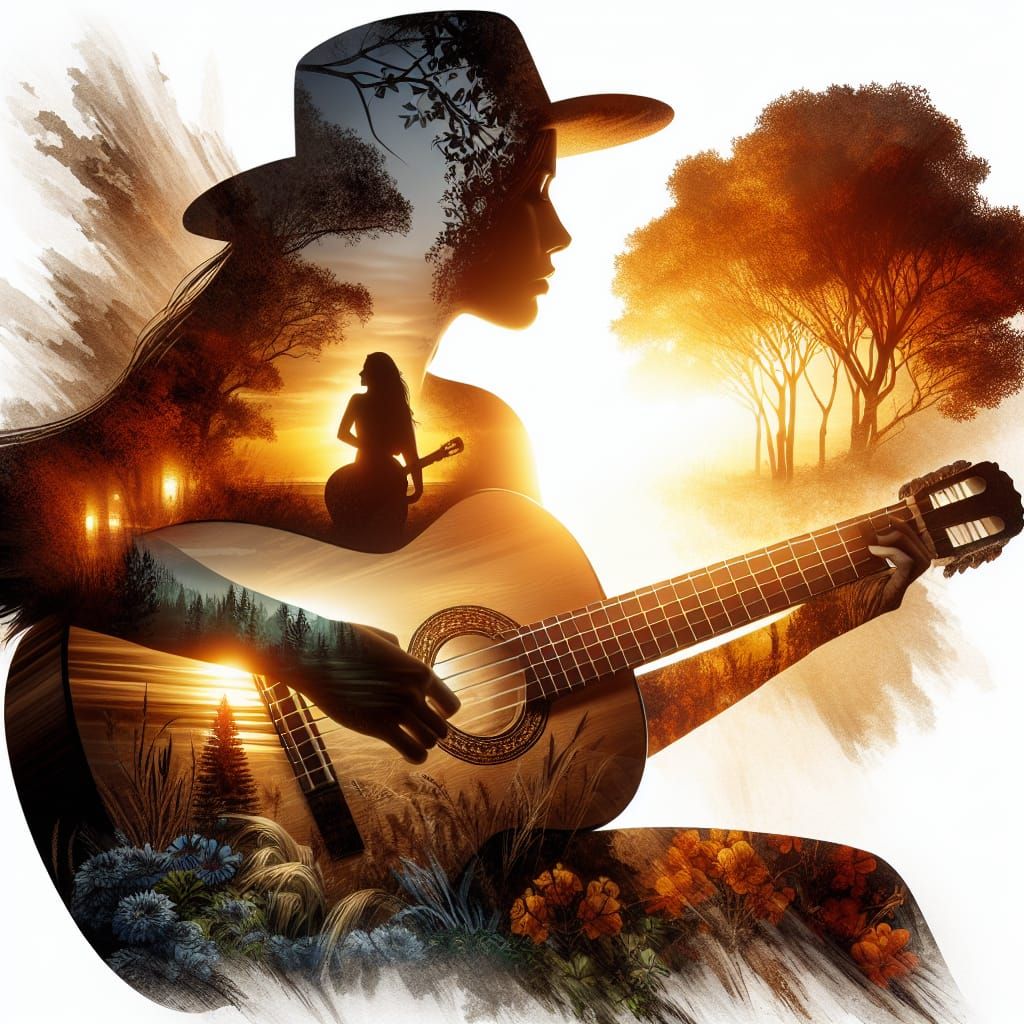Double Exposure Guitar with Four Seasons: Digital Art