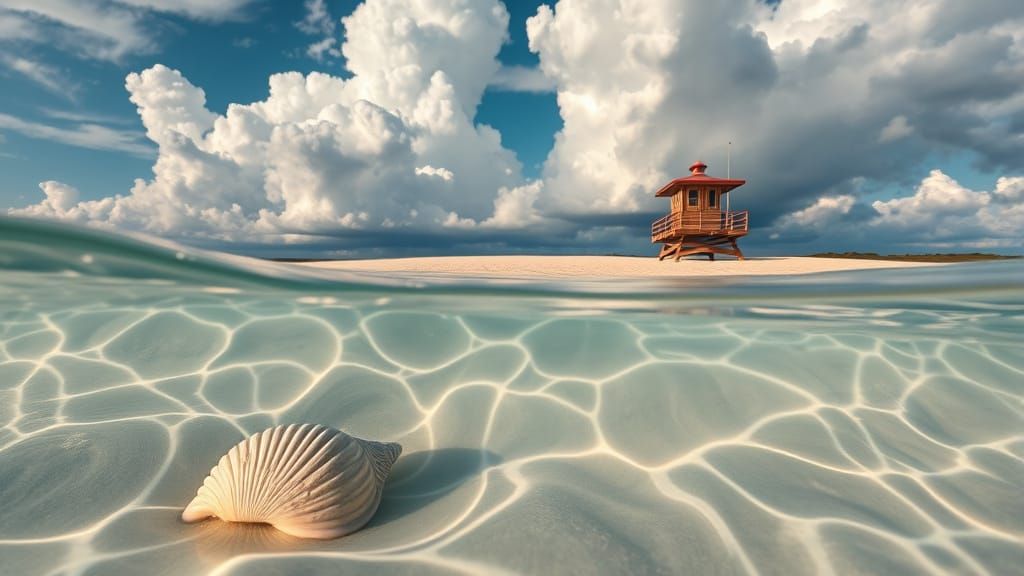 Seashell on Beach with Lifeguard Station