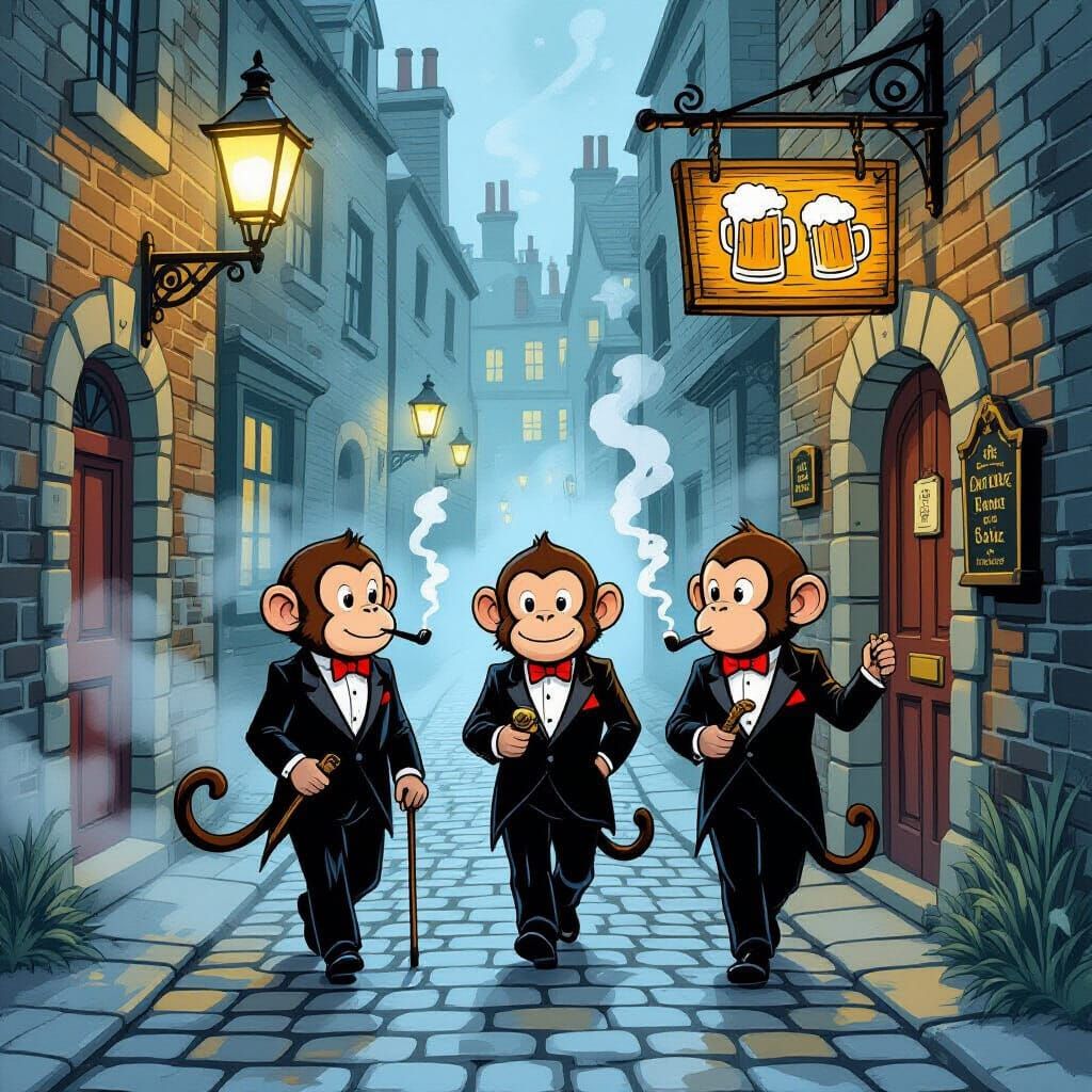 Monkeys in Tuxedos Smoking Pipes in Foggy London