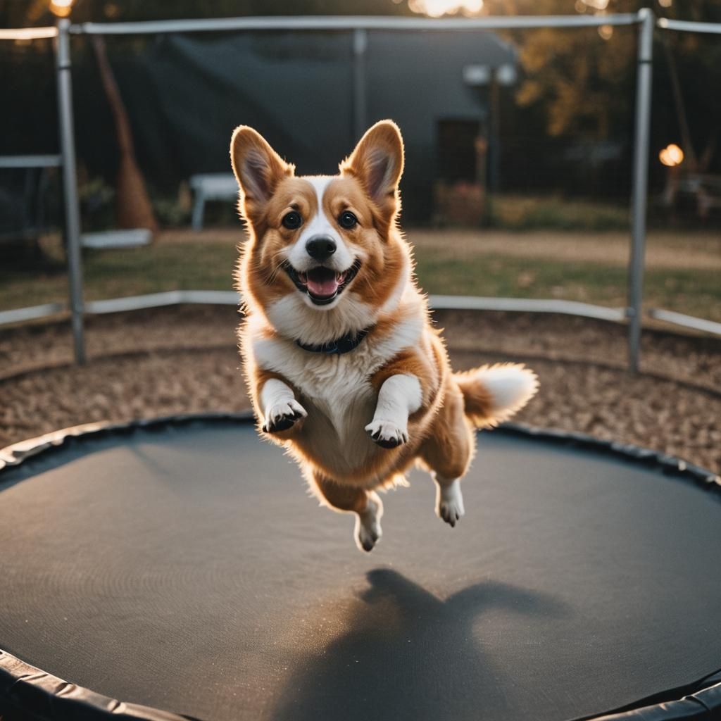 Energetic Corgi Bouncing on Trampoline in Cinematic Light