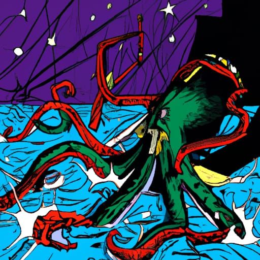 Titanic Attacked by Kraken in Comic Art Style