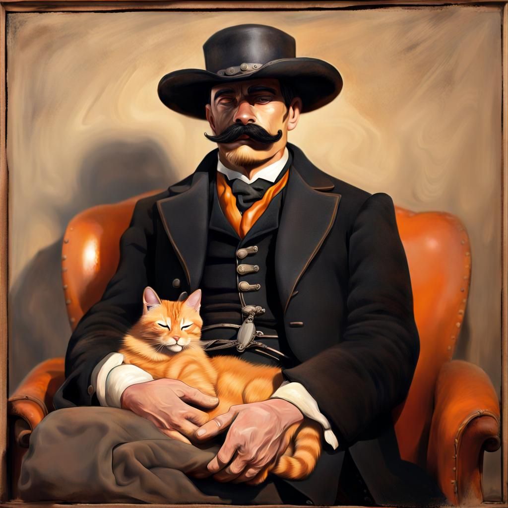 Western Lawman Petting Cat: Oil Painting Style