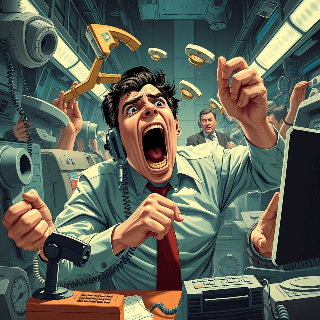 Frantic Worker Amidst Ringing Phones