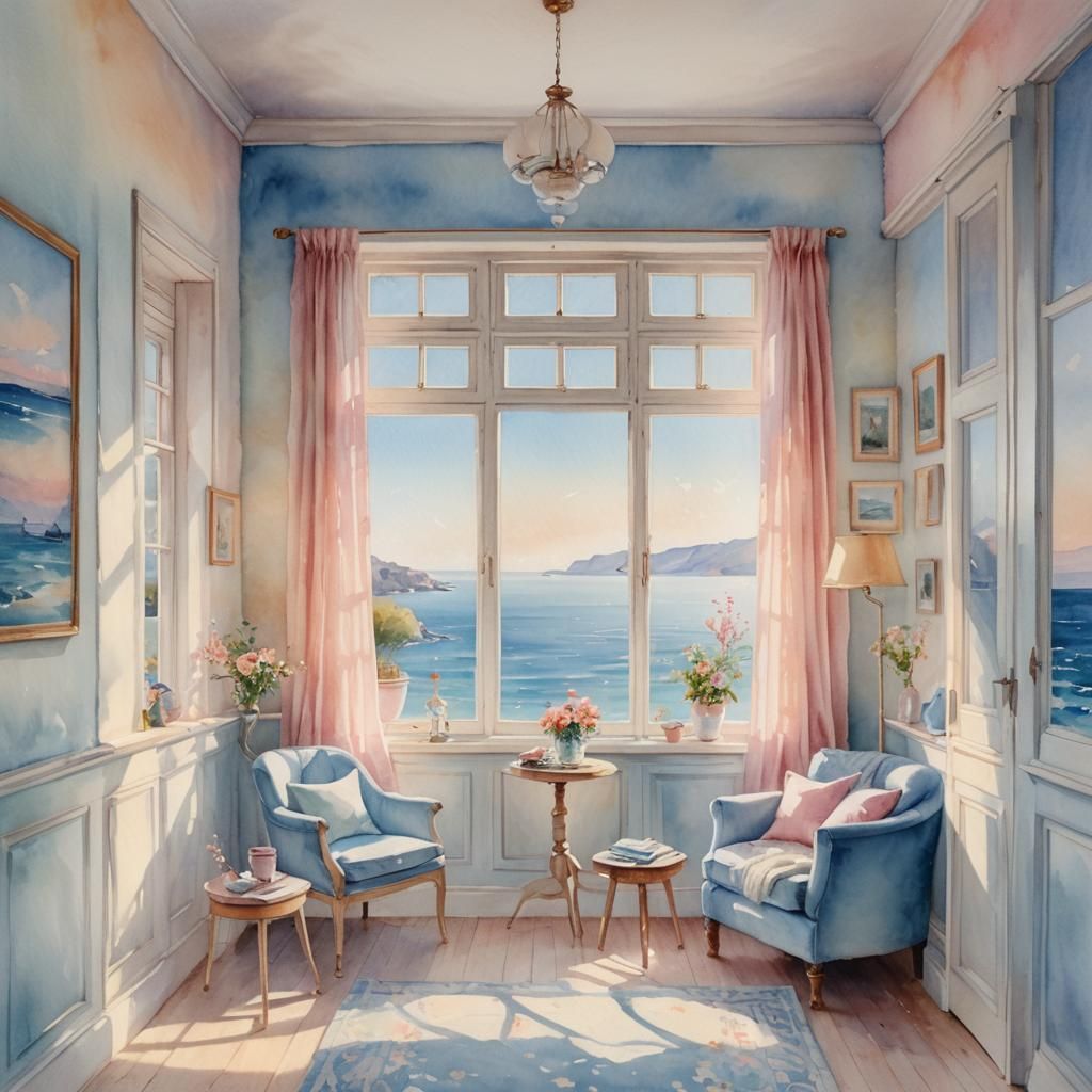 Cozy Sea View Room in Pastel Watercolor