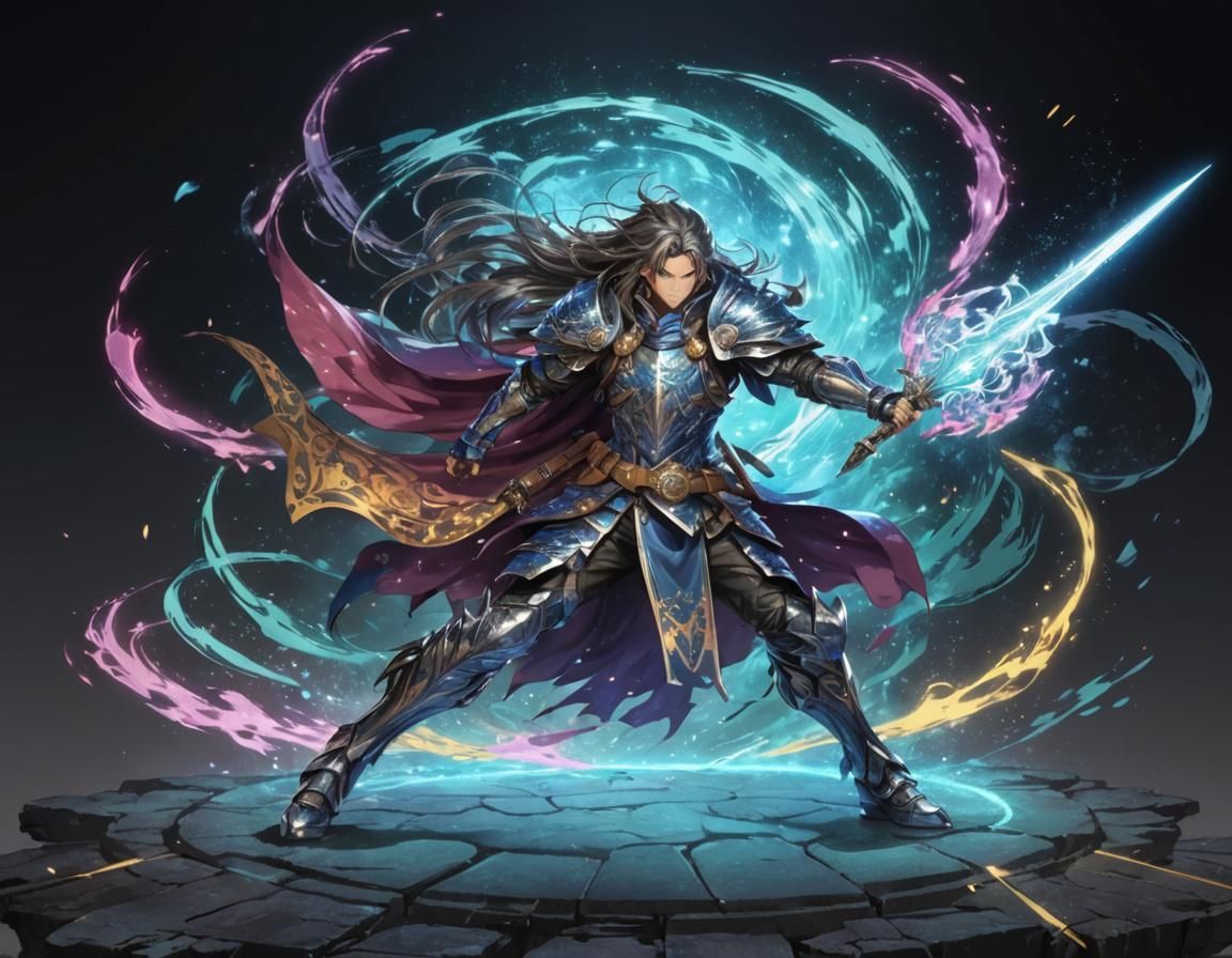 Anime RPG Character with Twin Daggers in Neon Landscape