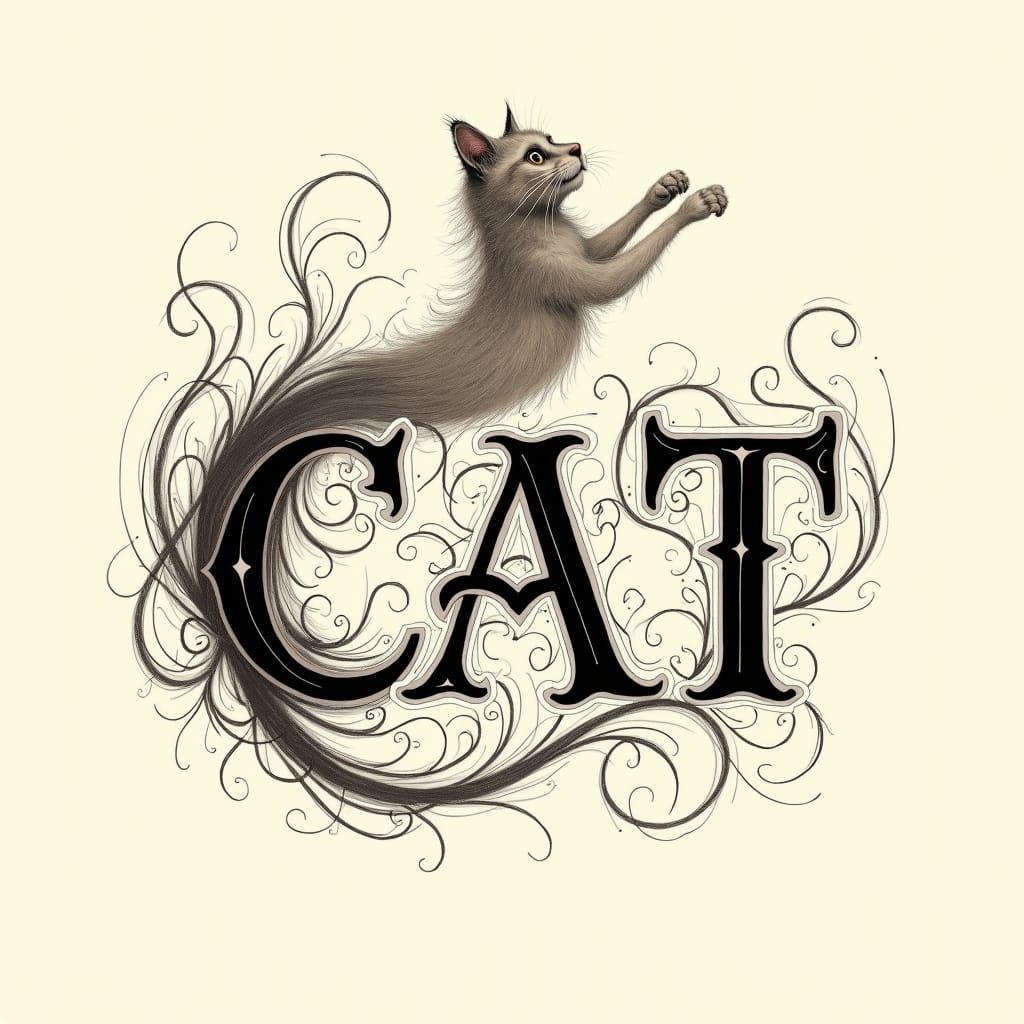 Calligraphic Cat with Swirling Brushstrokes