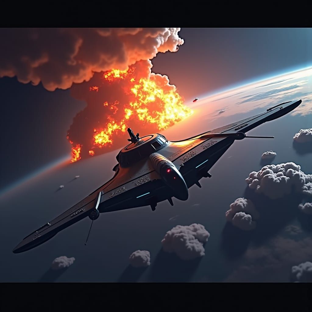 Spaceship Orbits Exploding Earth: Digital Concept Art