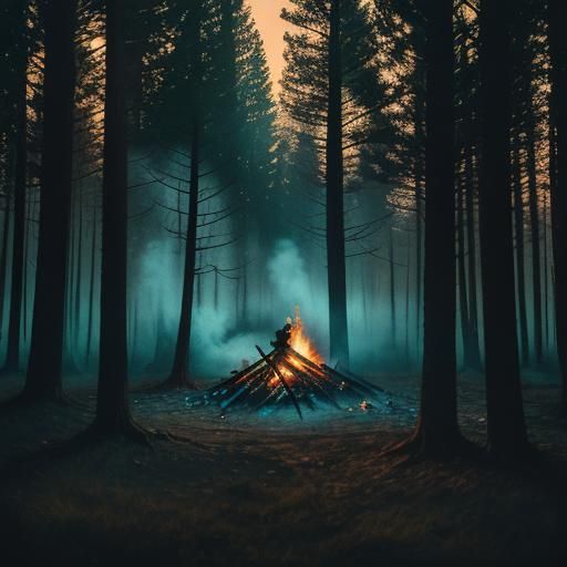 Bonfire in Dark Forest: Cinematic Film Still