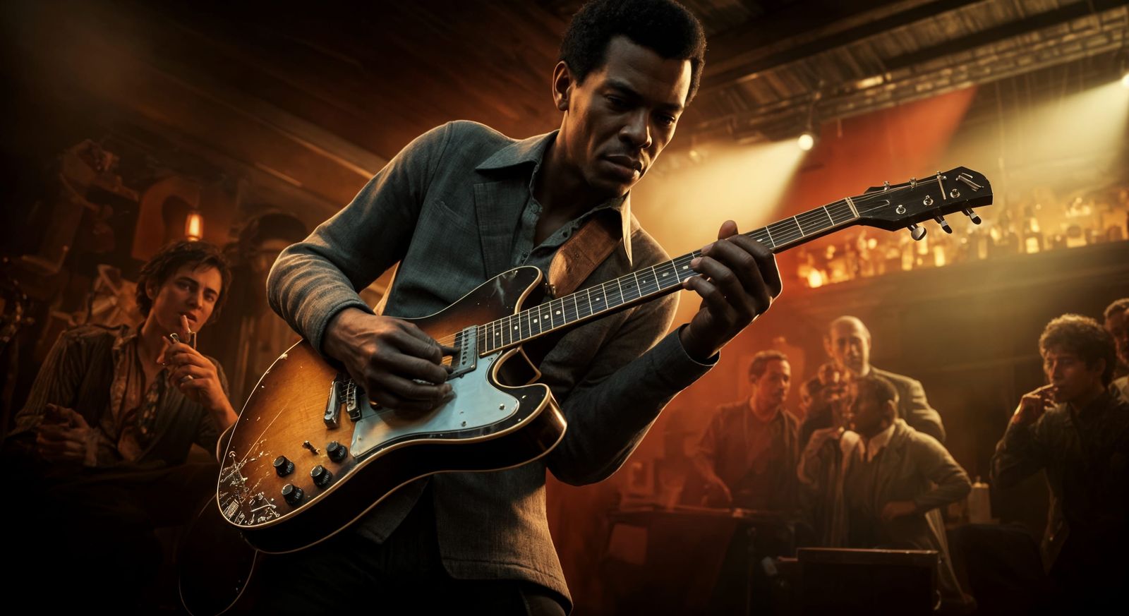 Vintage Blues Musician in Smoky Bar