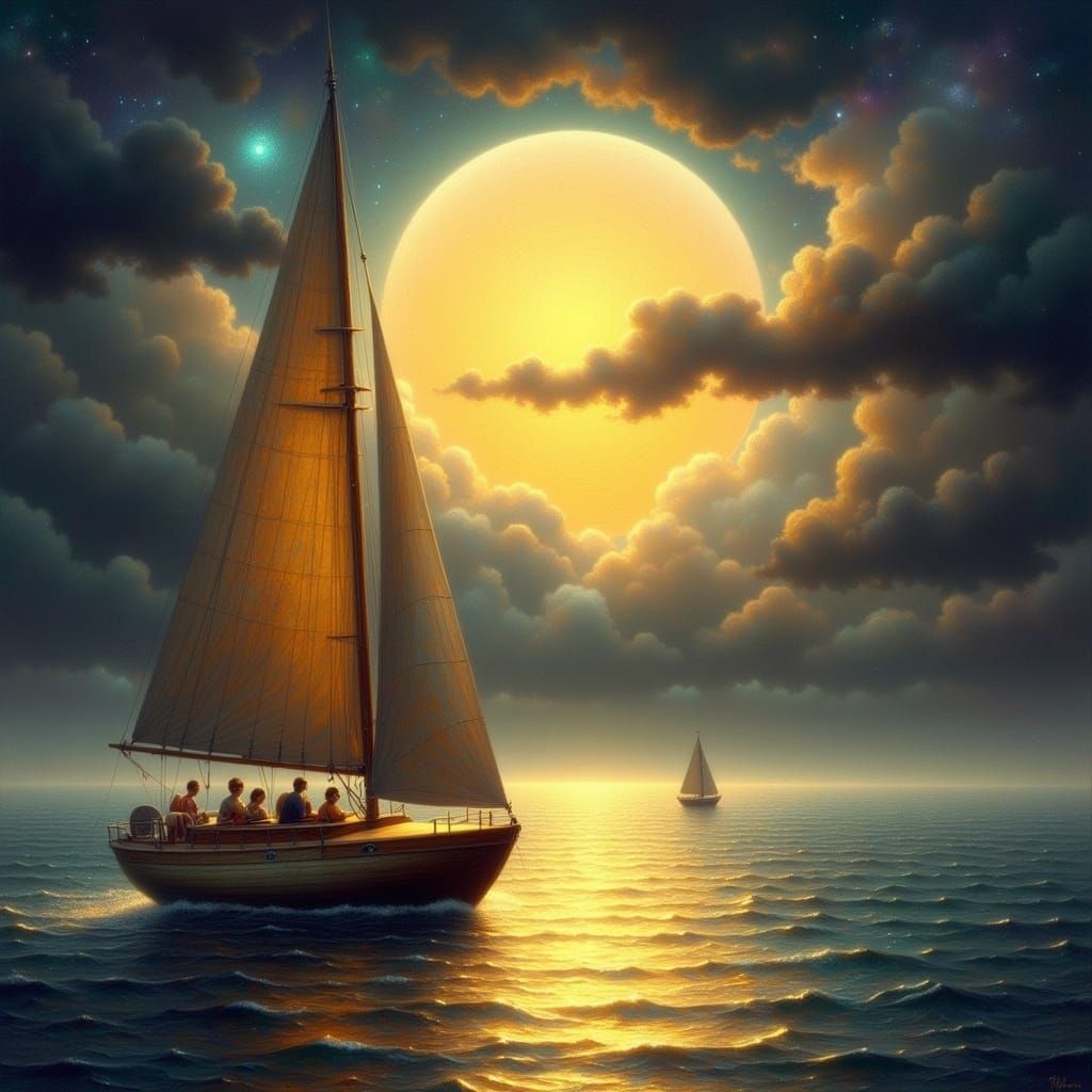 Sailboat Under Harvest Moon with Fantasy Glow