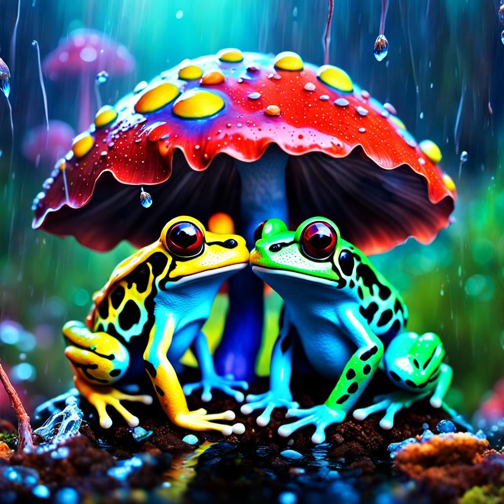 Rainbow Frogs kissing in the rain