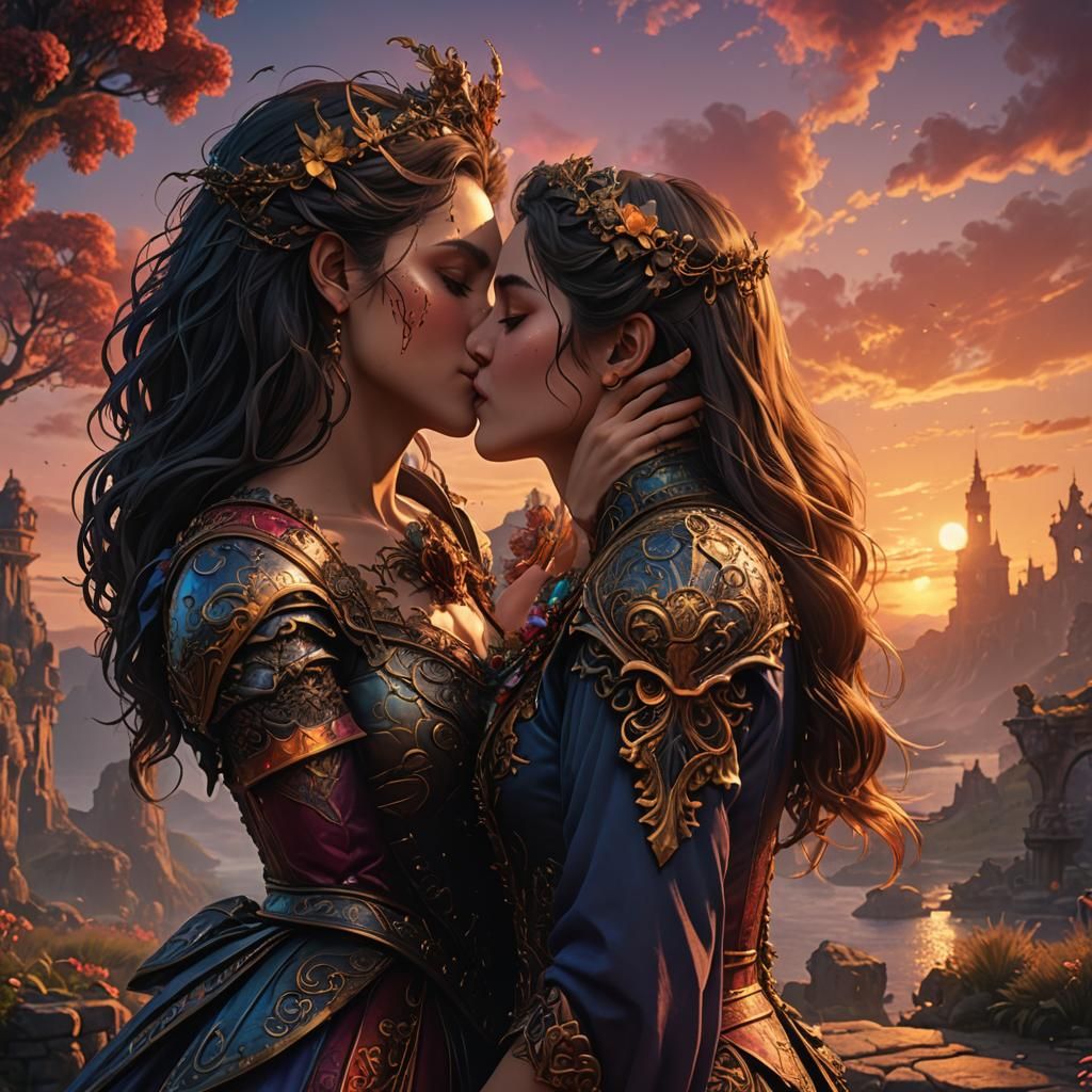 Romantic Sunset Kiss: Fantasy Concept Art