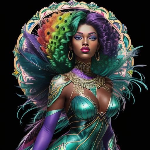 Peacock Haired Woman in Vibrant Comic Art Style