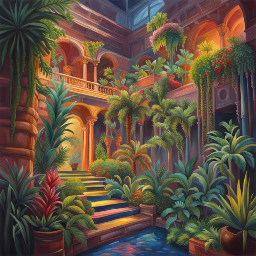 Hanging Gardens of Babylon in Gouache Style
