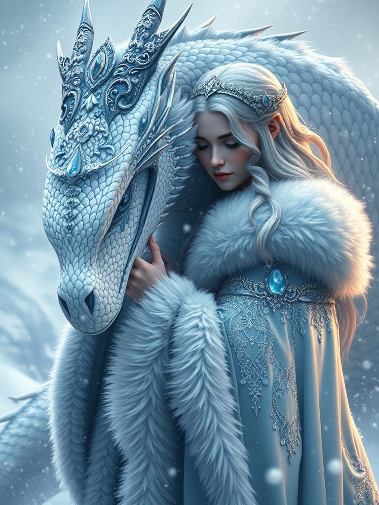 Serene Goddess and Dragon in Winter Storm, in Art Nouveau St...