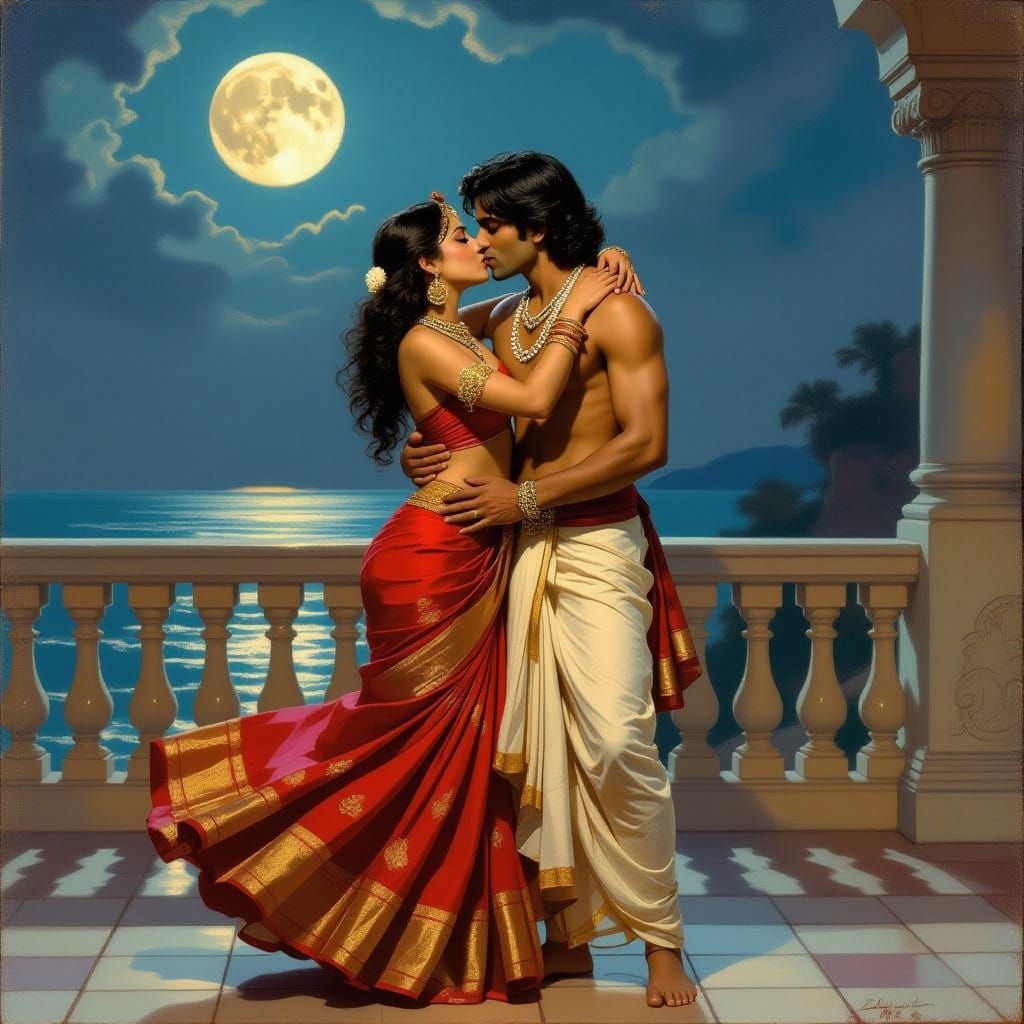 Passionate Kiss on a Balcony in Romantic Style