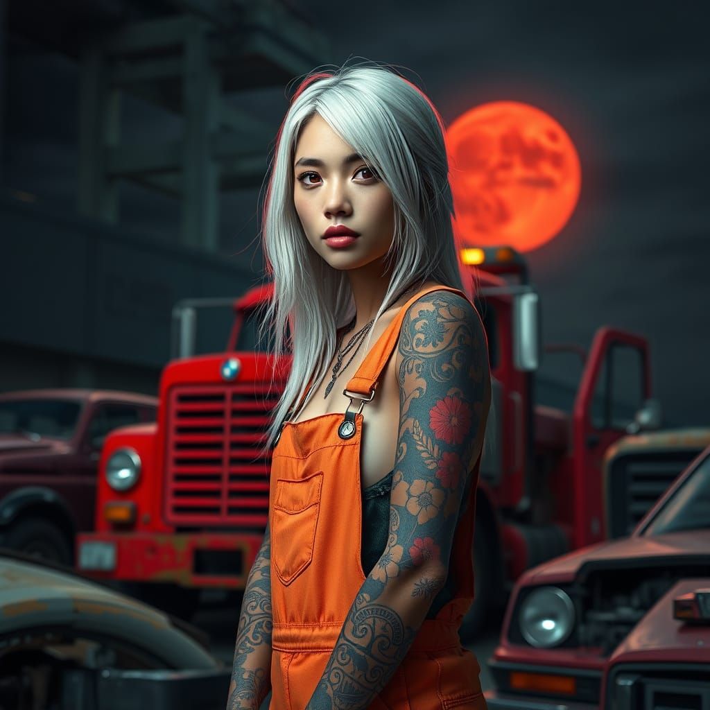 Vibrant Thai Goddess with Long White Hair and Tattoos, Surro...