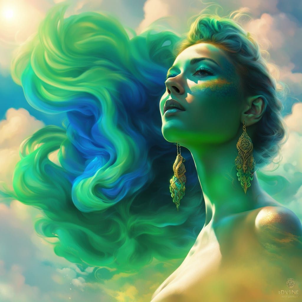 Woman with Green and Blue Tattoos in Divine Light