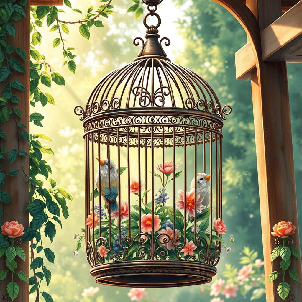 Vibrant Anime-Inspired Bird Cage Scene
