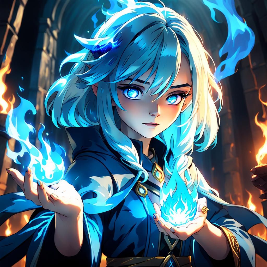 Anime Girl Wizard with Blue Fire in Hand