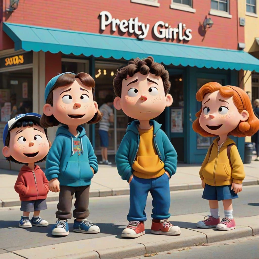 Boys Watch Pretty Girls Walk By in a Cartoony Peanuts-Inspir...
