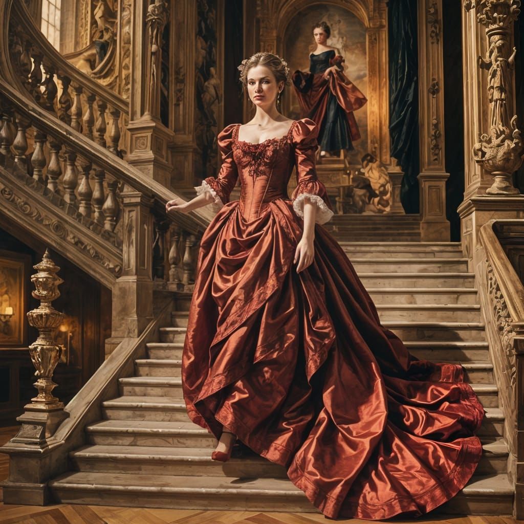 Woman in Red Gown on Red Staircase
