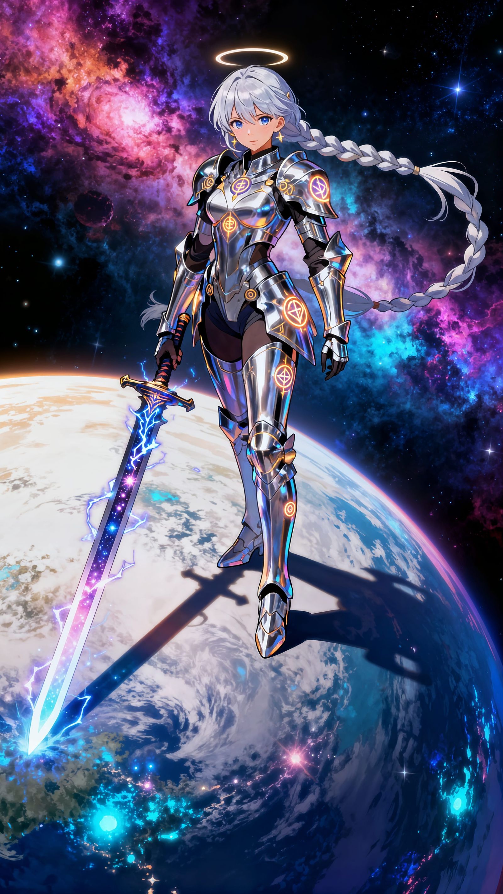 Celestial Warrior on Bioluminescent Planet in Nebula