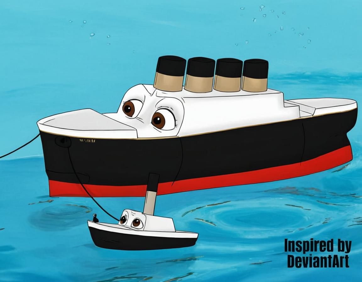 Cartoon Sailboat and Cruise Ship in Open Ocean